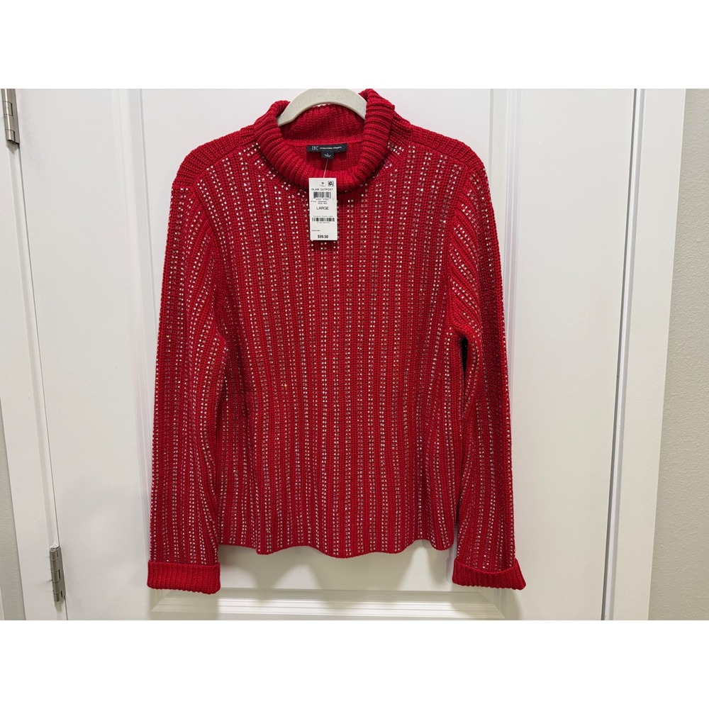 INC International Concepts Womens Red Rhinestone Mock Neck Sweater Large New